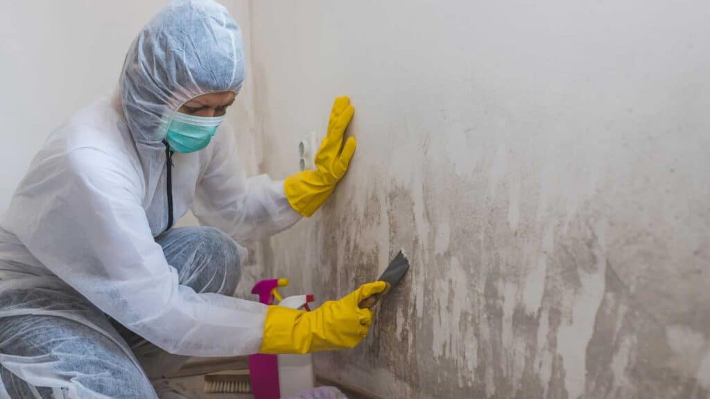 mold remediation professional scarping off mold from a wall