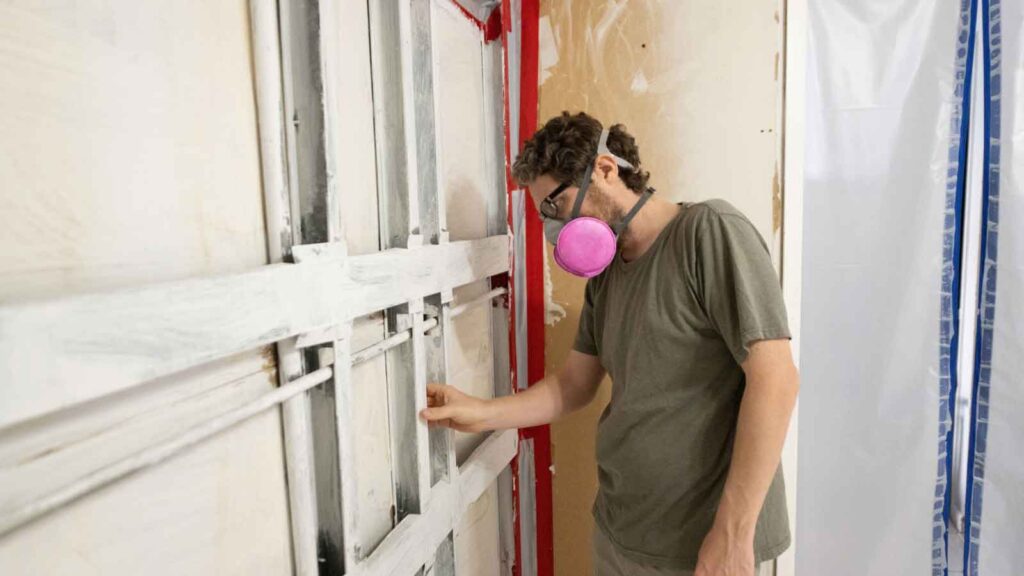 A man wearing a mask inspects a mold-infested wall
