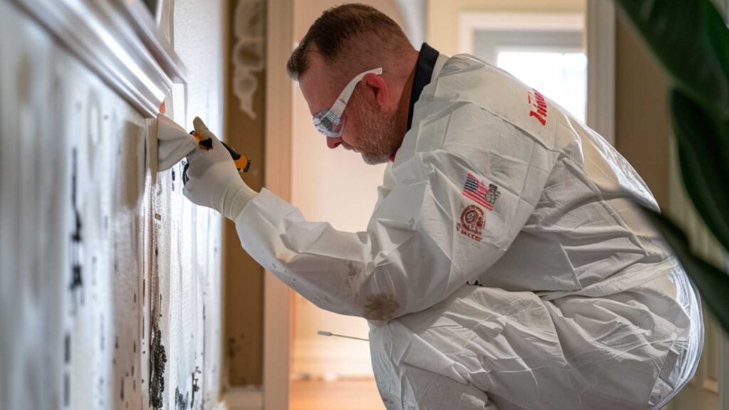 A technician in protective gear scrapes mold from a wall in a residential setting