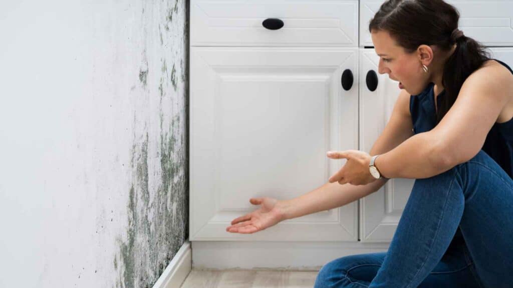 A woman points in dismay at black mold growing on a kitchen wall near the cabinets