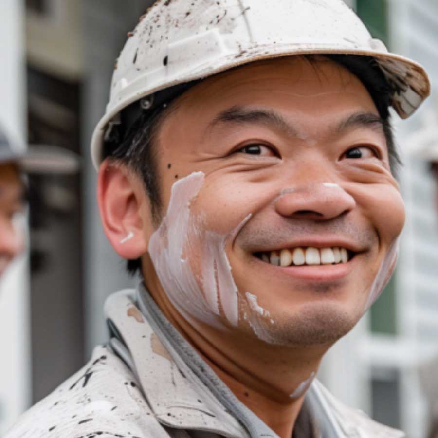 A smiling construction worker with paint on his face and helmet, standing with two colleagues in the background
