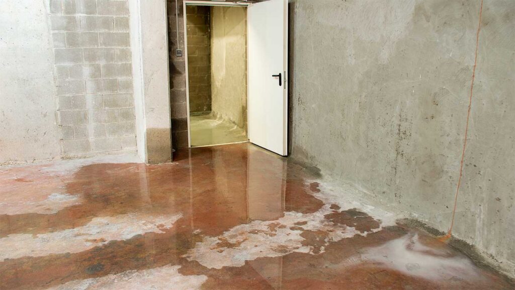 A basement room with water damage, showing a wet floor