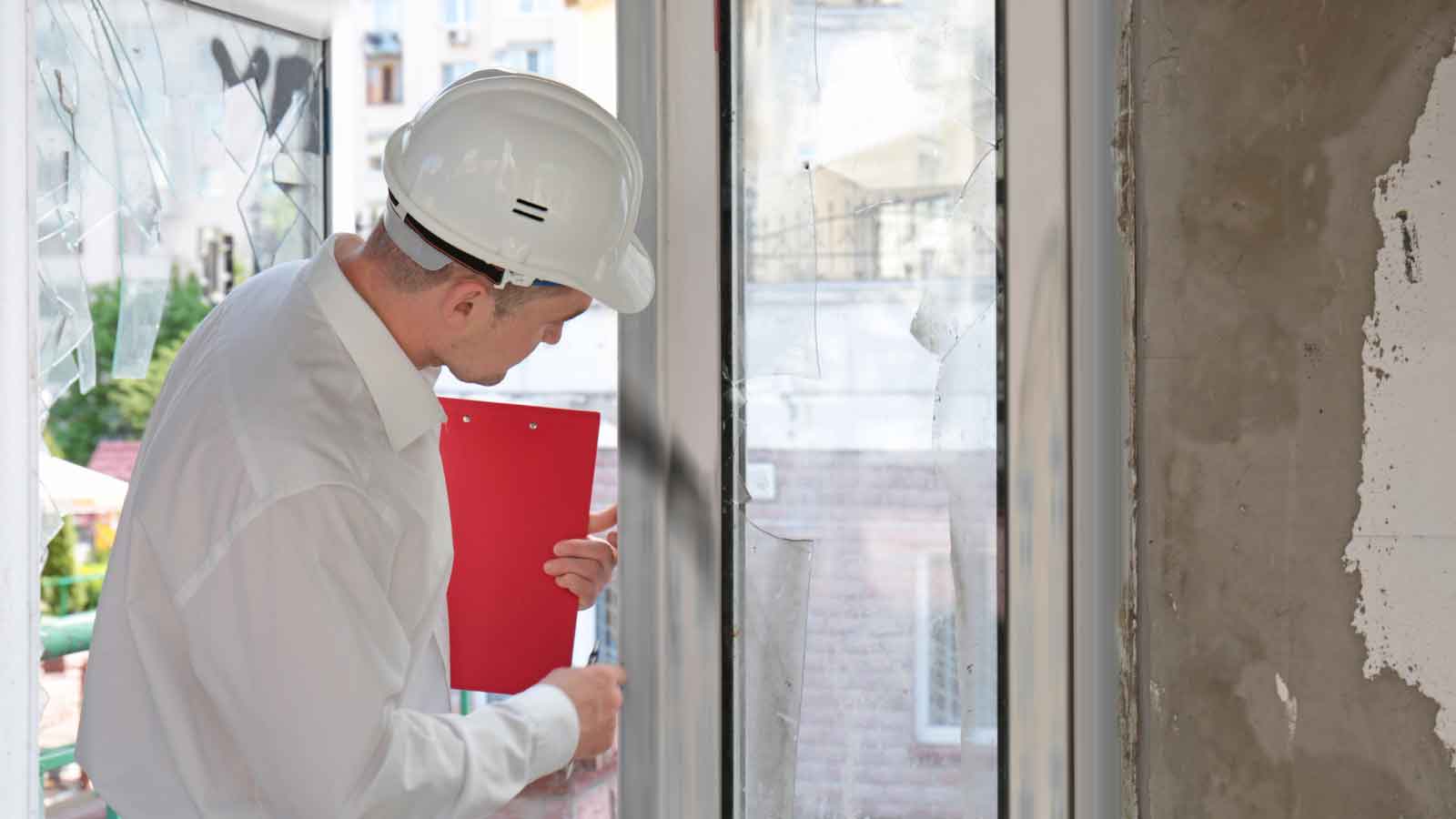 Inspector examining window damage with a clipboard in hand.