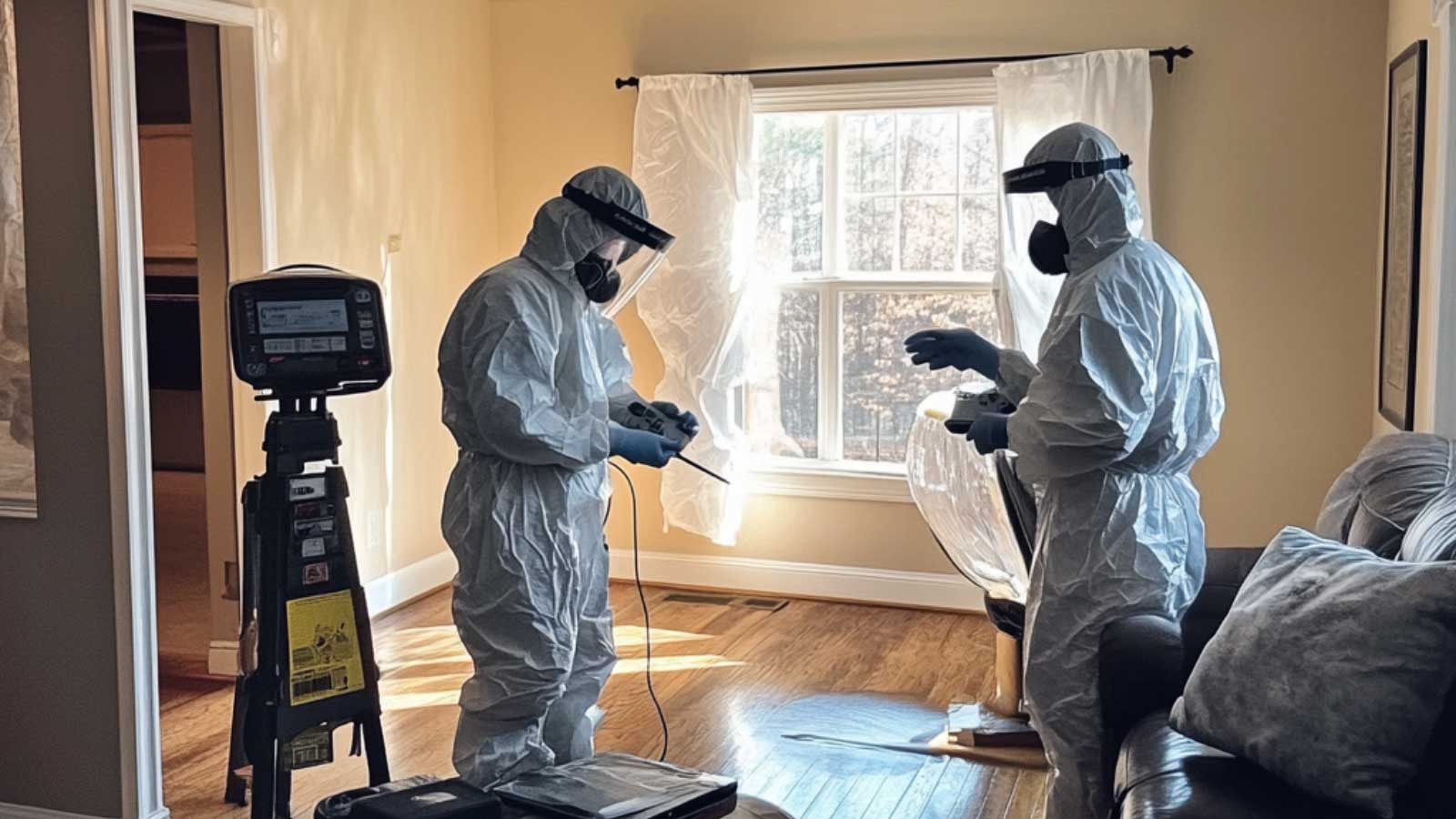 Professionals performing a mold inspection in a residential home