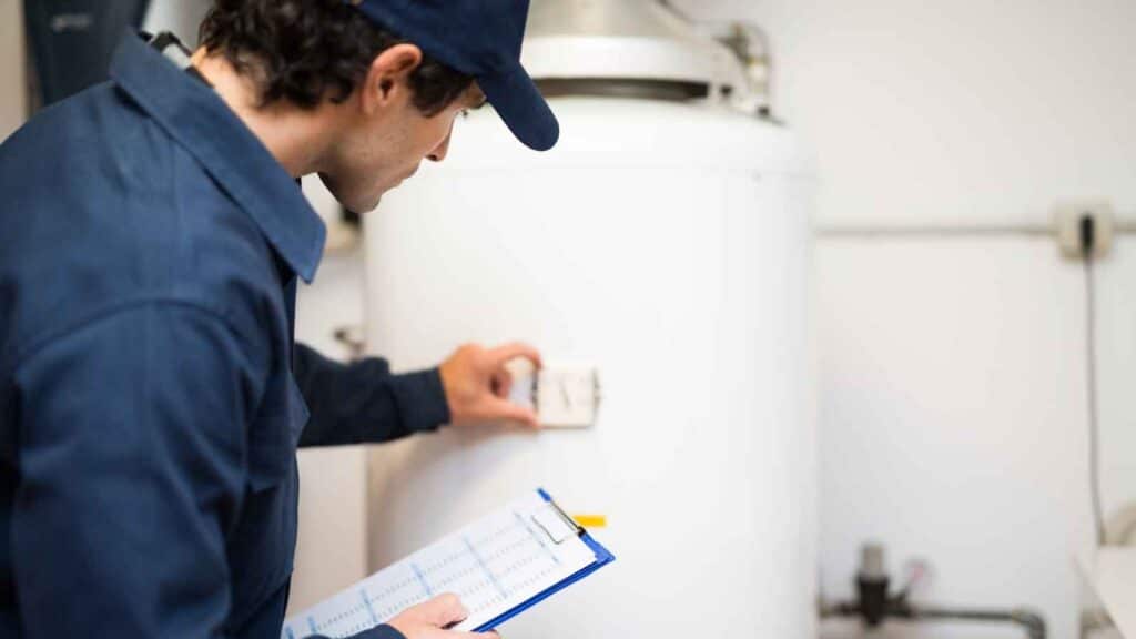 Technician inspecting a water heater with a checklist in hand.