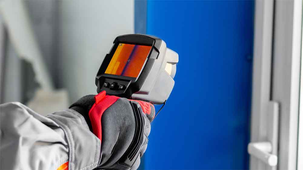 Technician using a thermal imaging camera on a blue wall.