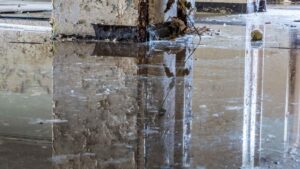 Flooded interior with visible water damage on walls and floor.