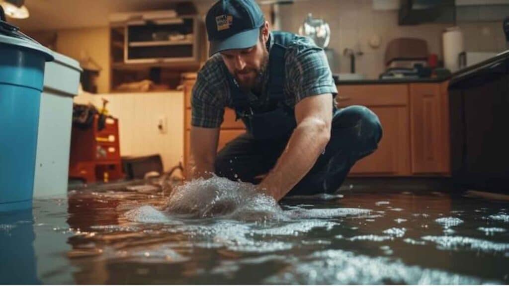 Man attempts to control indoor flooding in a water-damaged kitchen.