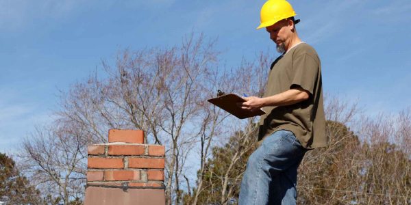 A construction worker inspects a chimney with a clipboard