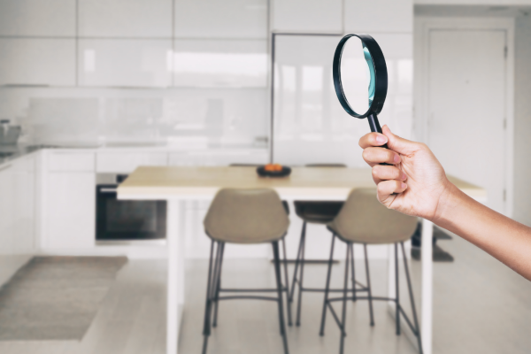 A hand holding a magnifying glass in a modern kitchen