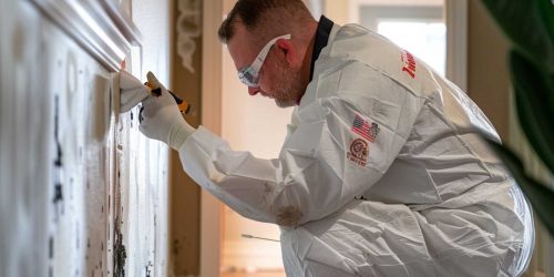 A technician in protective gear scrapes mold from a wall in a residential setting