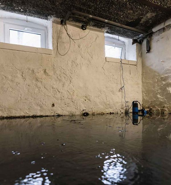 Flooded basement with standing water and a sump pump