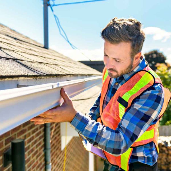 Inspector examining a home’s gutter system closely