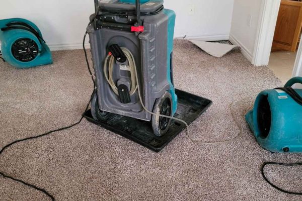 Professional water damage restoration equipment drying a carpet.