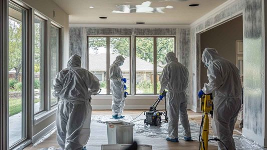 Professionals conducting mold remediation in a residential home