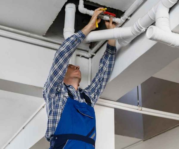 Technician-repairing-a-ceiling-pipe-to-prevent-water-damage