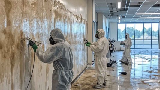 Technicians performing professional mold remediation on a large wall.