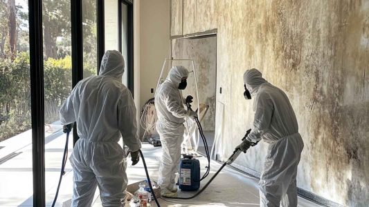 Technicians performing thorough mold removal on interior walls