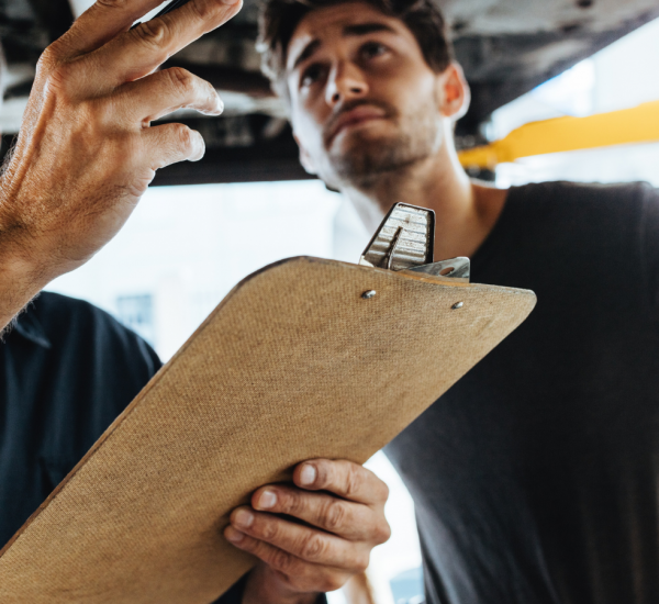 Two professionals discussing findings while holding a clipboard.