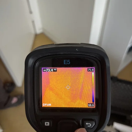 Doorway thermal imaging showing 73.4°F during professional moisture detection and mold assessment
