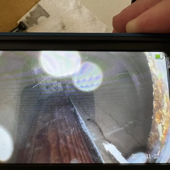 Endoscopic camera inspection revealing water damage inside wall cavity during mold remediation in apartment unit 305