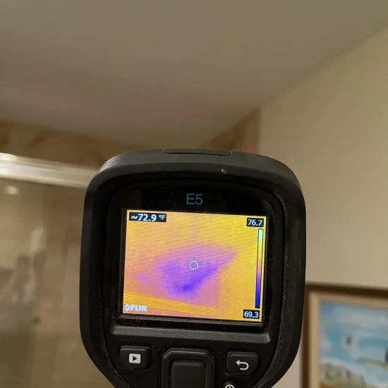 FLIR thermal camera showing 72.9°F baseline temperature reading during mold remediation moisture assessment