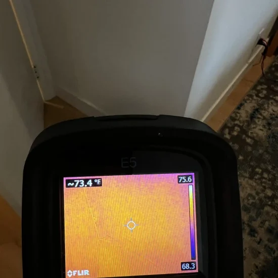 Floor level thermal imaging showing 73.4°F reading during basement moisture assessment and mold inspection